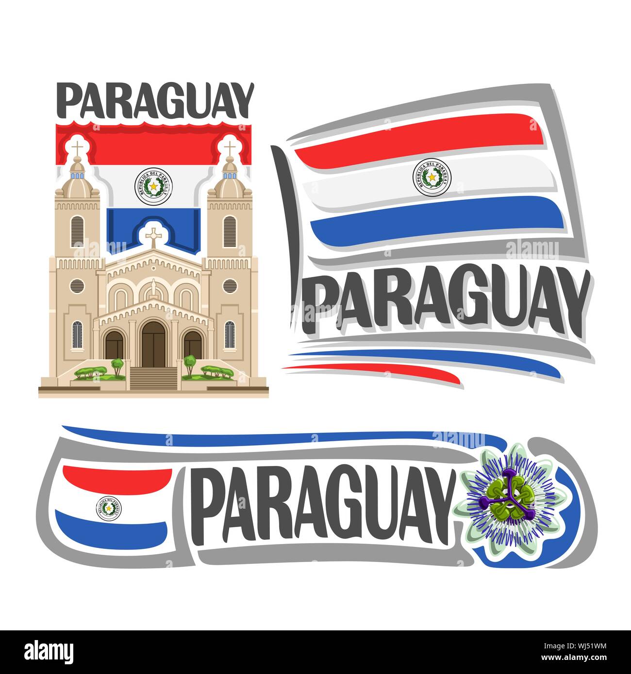 Il logo del vettore per il Paraguay, 3 isolato immagini: Catedral Nuestra Senora in Encarnacion su stato nazionale paraguaiano Bandiera e fiore della passione. Illustrazione Vettoriale