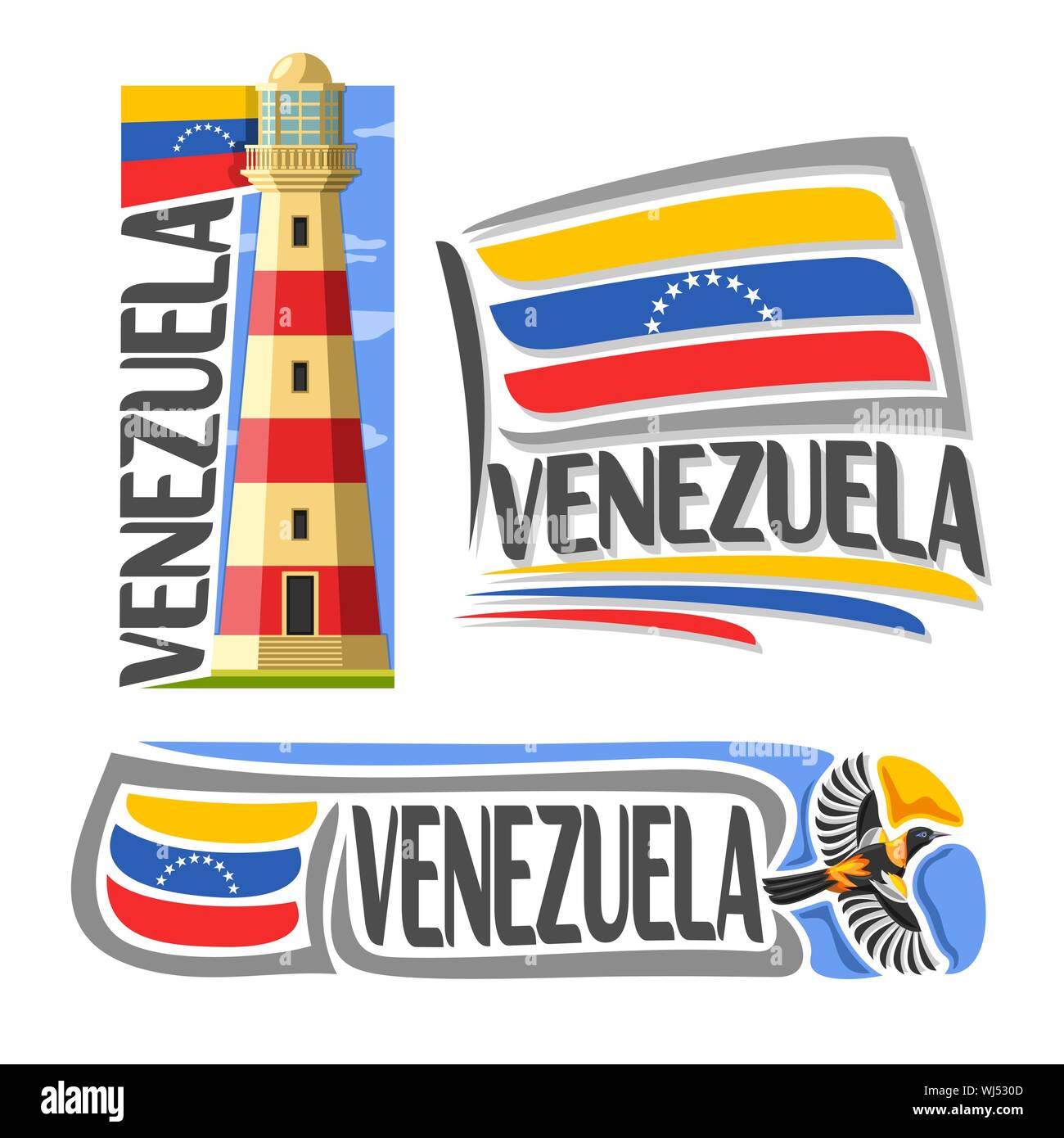 Il logo del vettore per il Venezuela, 3 isolato immagini: Isla Margarita faro su sfondo di stato nazionale Bandiera e battenti troupial venezuelano. Illustrazione Vettoriale