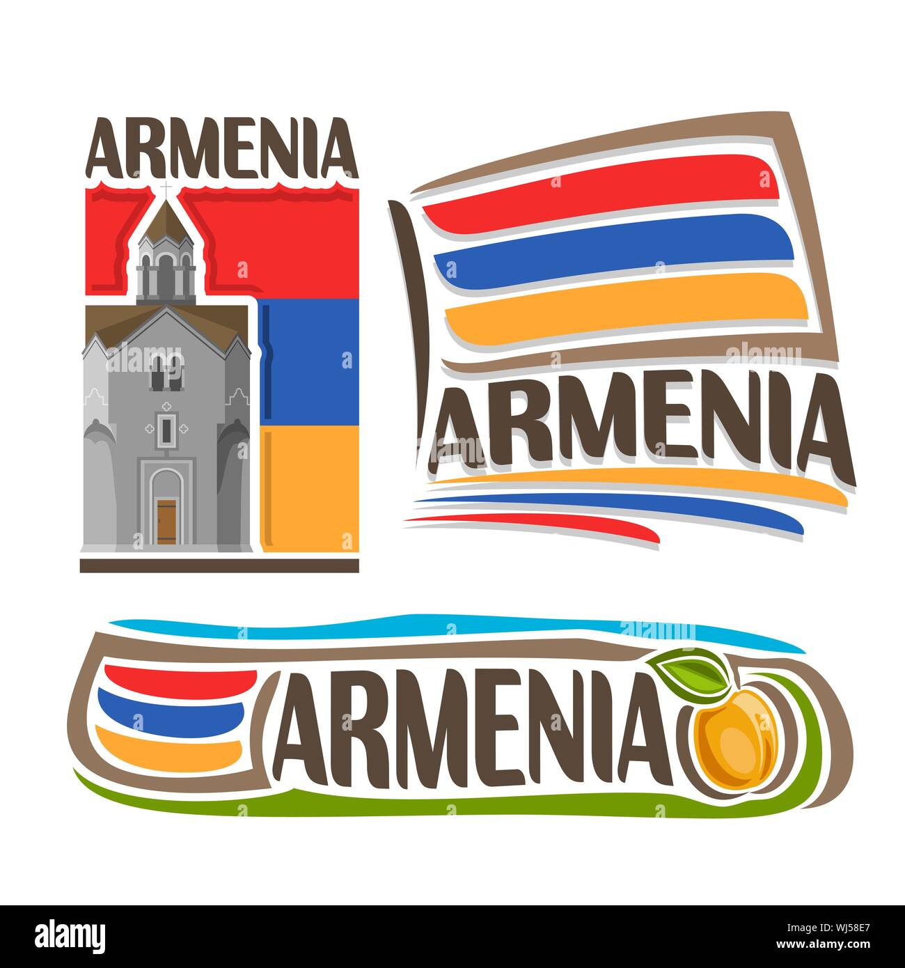 Il logo del vettore per l'Armenia architettura, 3 illustrazioni isolate: Haghpat monastero su sfondo di stato nazionale bandiera, simbolo della Repubblica Armenia e Illustrazione Vettoriale