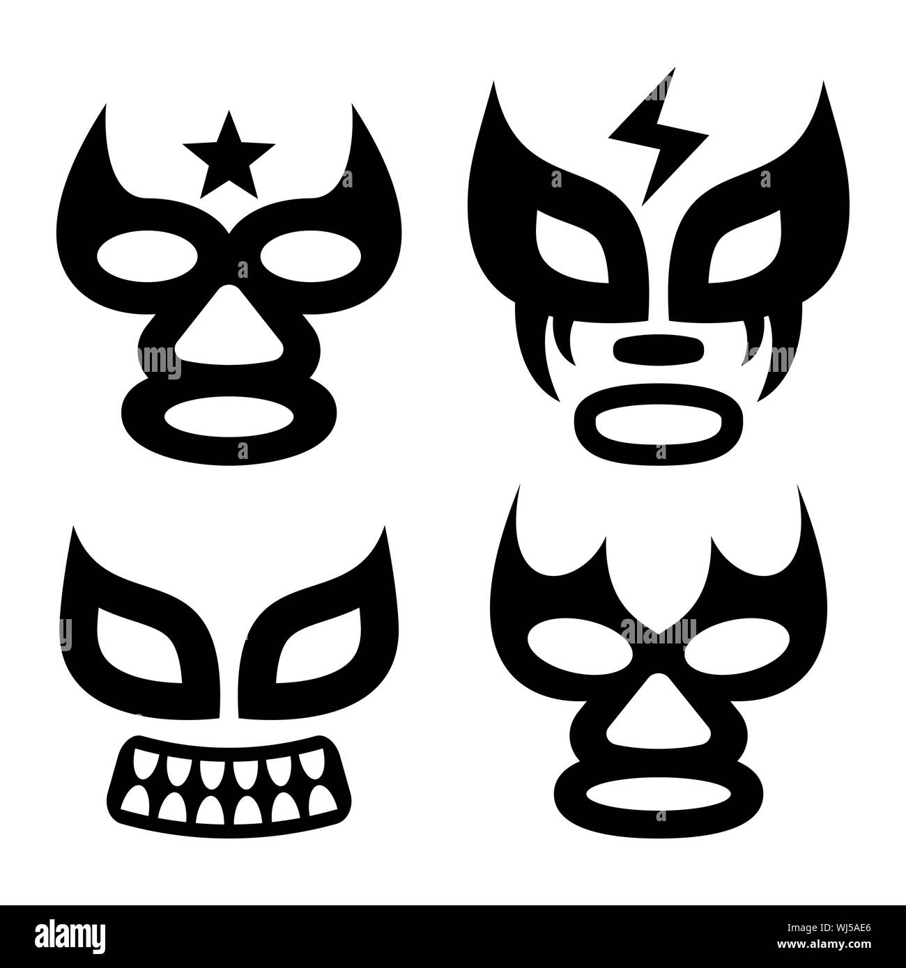 Lucha Libre facce di disegno vettoriale, luchador o luchadora grafica - wrestling messicano traditinonal maschio e femmina nero maschera imposta Illustrazione Vettoriale
