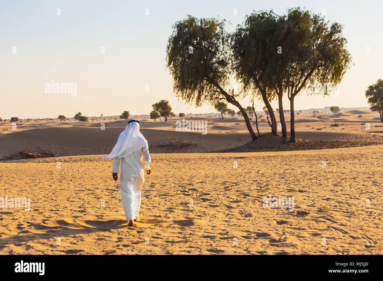 Mondo Arabo nel deserto Arabo su una calda giornata di sole Foto Stock