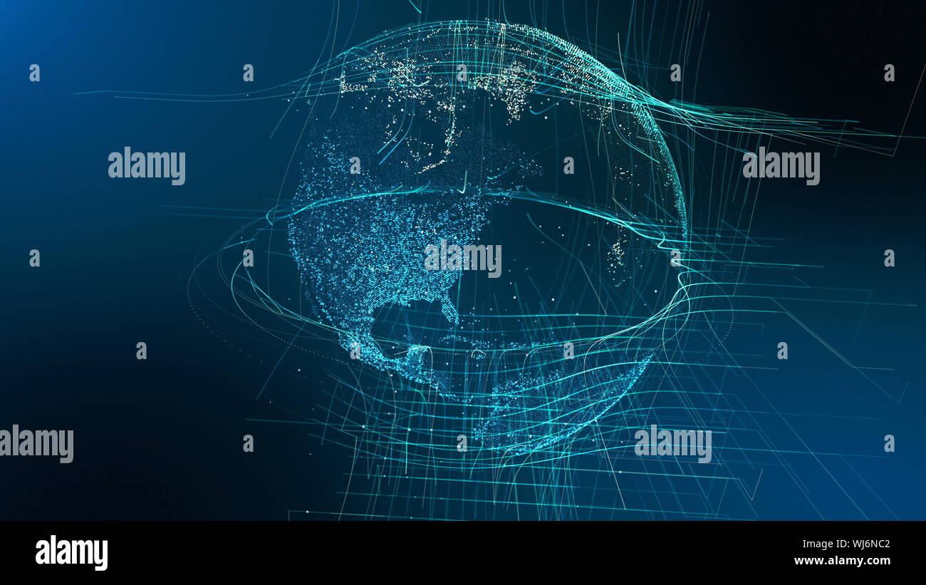 Particella di movimento terra Digital Globe Cyber concetto. Planet Network dati astratto mondo Mappa Business Background. Universo collegamento paesaggio paesaggio esterno di esplorazione spaziale 3D Rendering animazione Foto Stock