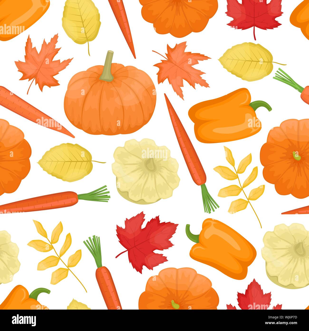 Modello senza cuciture con verdure d'autunno. Zucca, squash, pepe, carote e foglie di autunno. La mietitura. Piatto sfondo vettoriale. Illustrazione Vettoriale