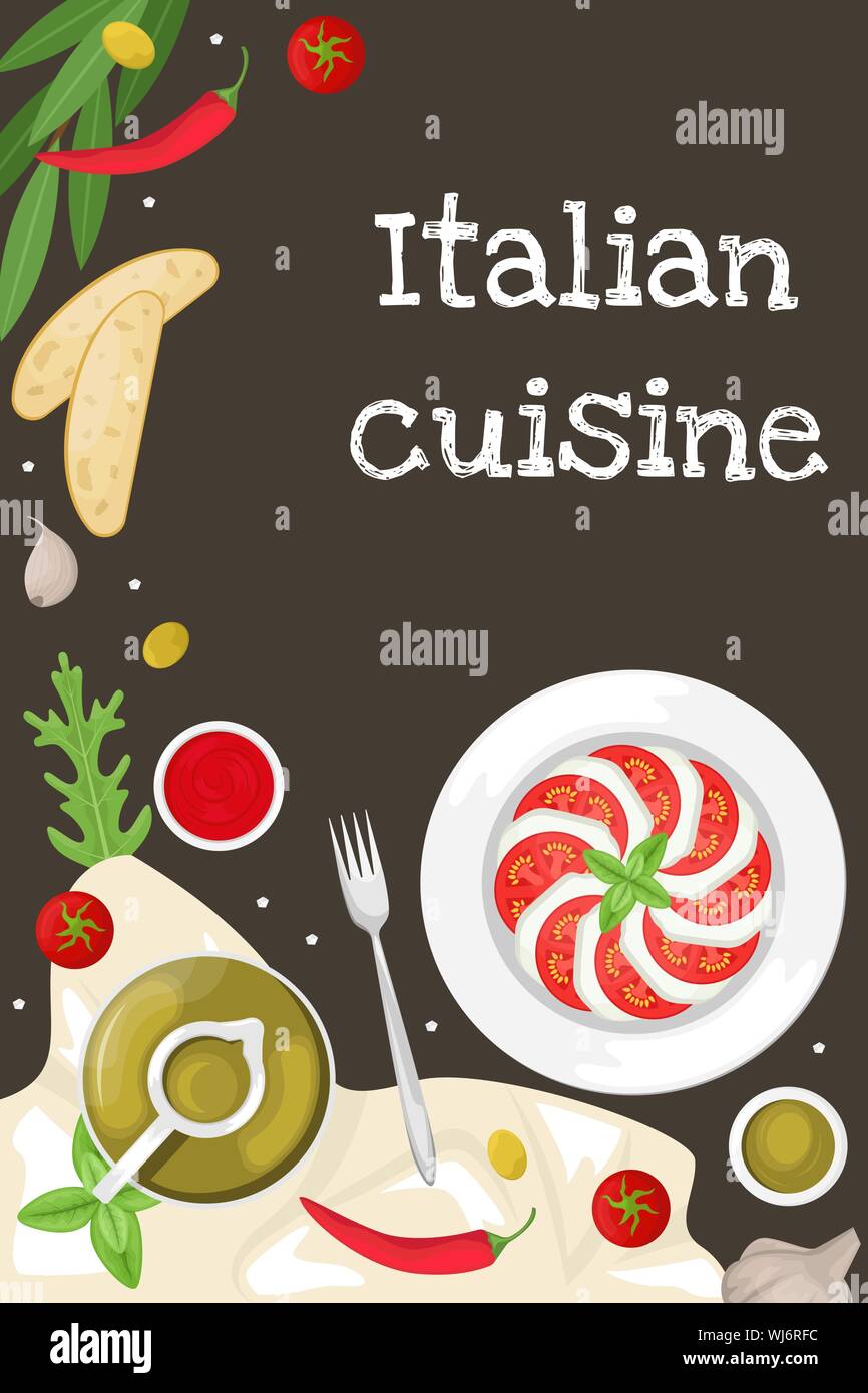 Poster con cucina italiana. Caprese con le foglie di basilico. Fette di ciabatta e limone, peperoncino, olio di oliva e delle olive Olive Branch e aglio. Lay piatto. Illustrazione Vettoriale