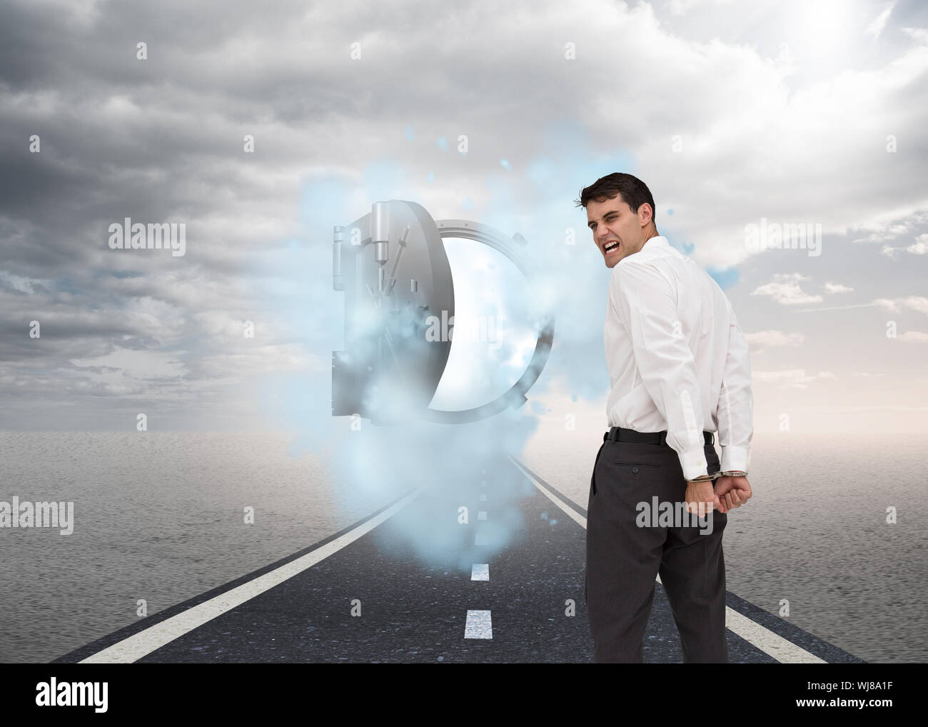 Immagine composita della vista posteriore del giovane imprenditore indossando le manette Foto Stock