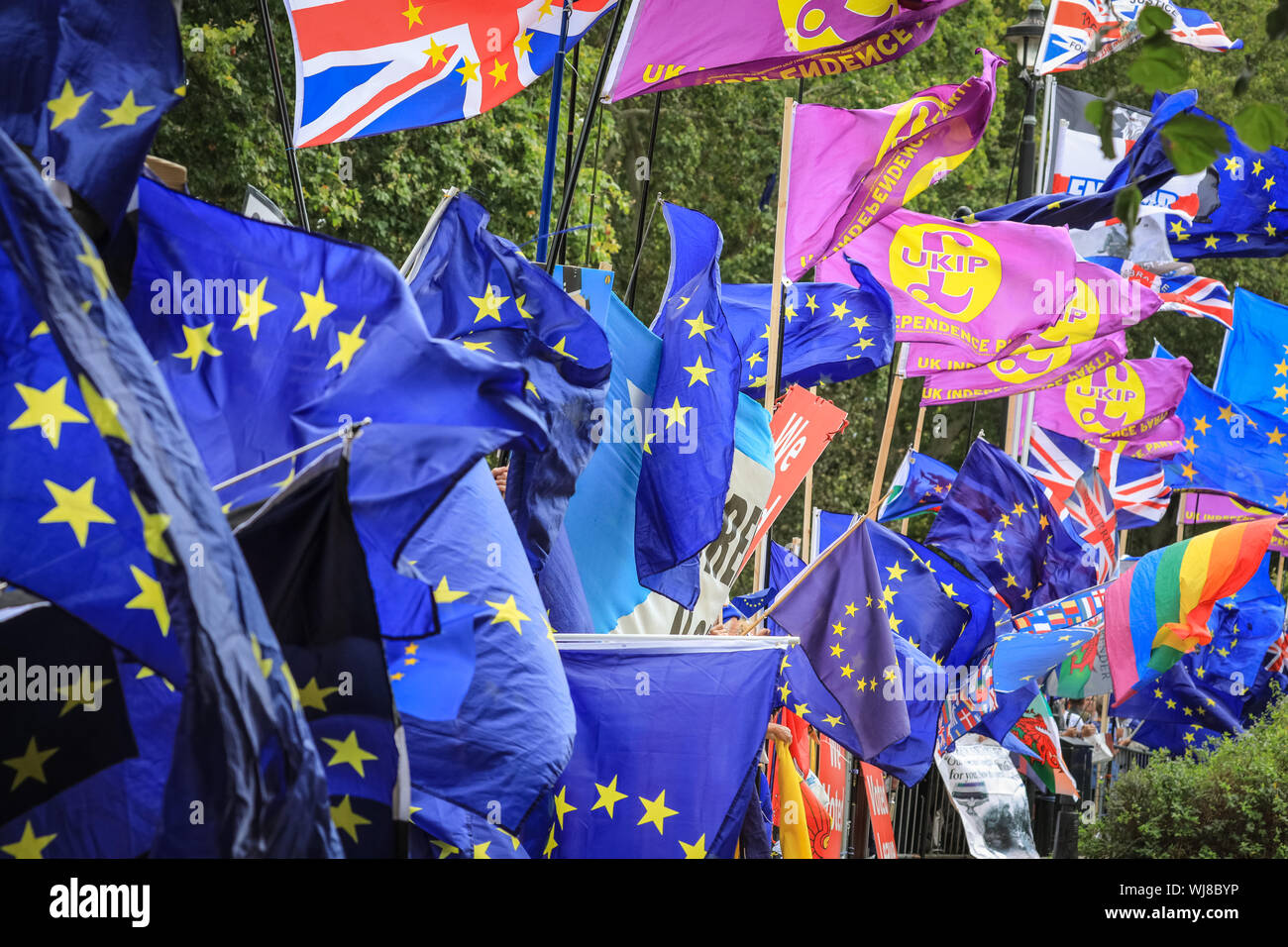 Westminster, Londra, Regno Unito. Regno Unito. 03Sep, 2019. Bandiere su College Green. Pro- e manifestanti Anti-Brexit rally al di fuori della sede del parlamento di Westminster il giorno MPs tornare in Parlamento e precedendo di diversi di importanza cruciale delle discussioni e delle votazioni sul potenziale di no-deal Brexit, così come la proroga del Parlamento. Credito: Imageplotter/Alamy Live News Foto Stock