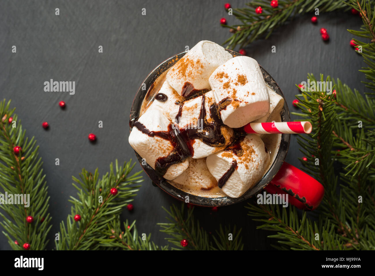 La tazza di cioccolata calda e caffè con marshmallows con albero di natale rami come decor su sfondo nero. Vista dall'alto. Foto Stock