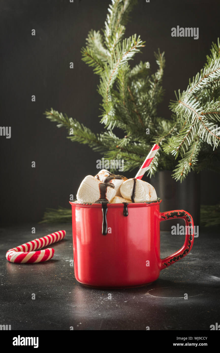 La tazza di cioccolata calda e caffè con marshmallows con albero di natale rami come decor su sfondo nero. Xmas. Foto Stock