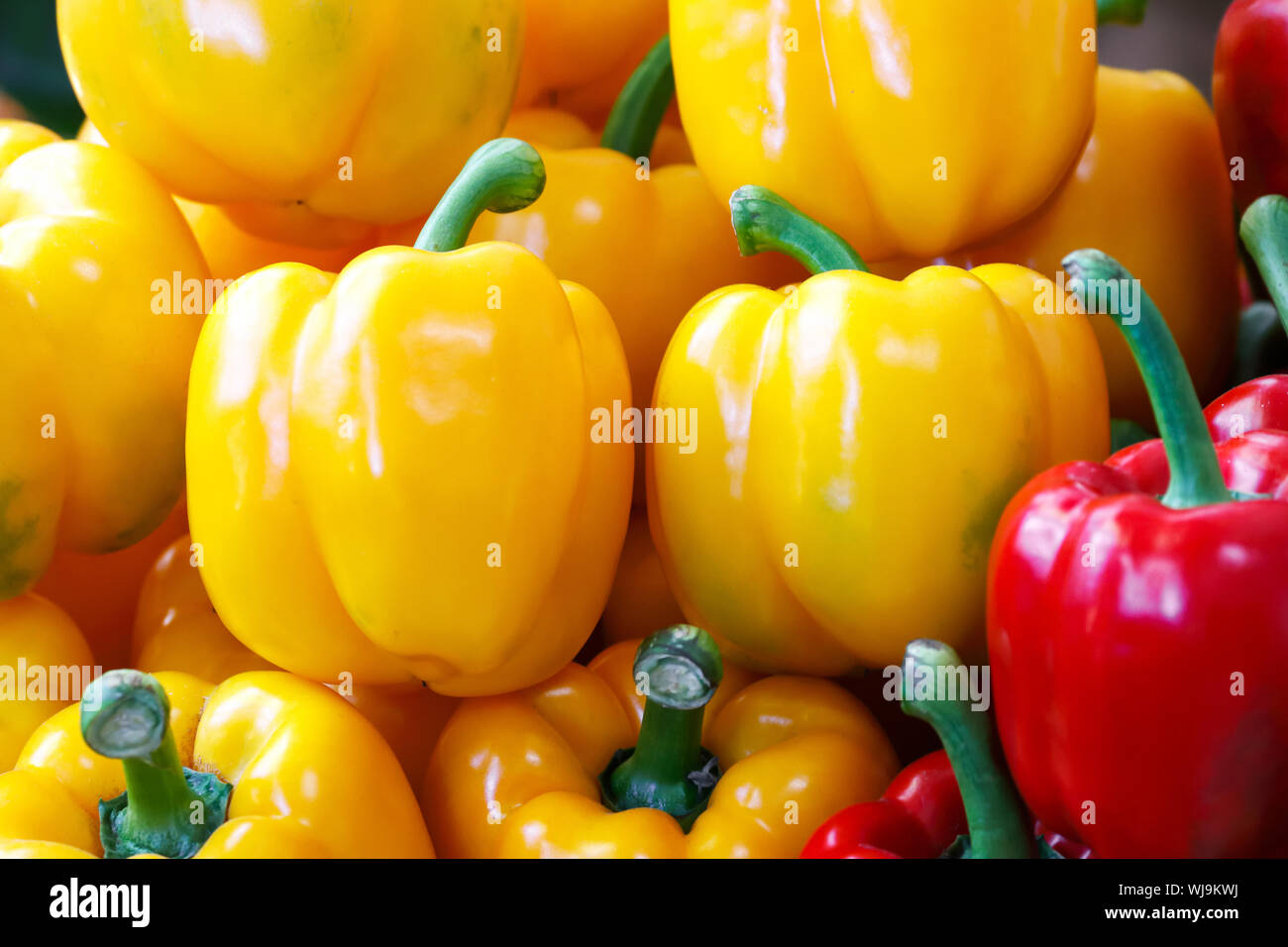 Freschi di rosso e di giallo peperone dolce sfondo Foto Stock