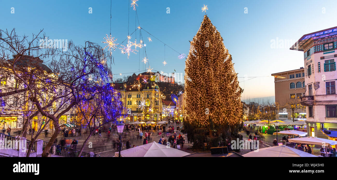 Lubiana romantica del centro città decorate per le vacanze di Natale. Preseren square, Lubiana, Slovenia, Europa Foto Stock