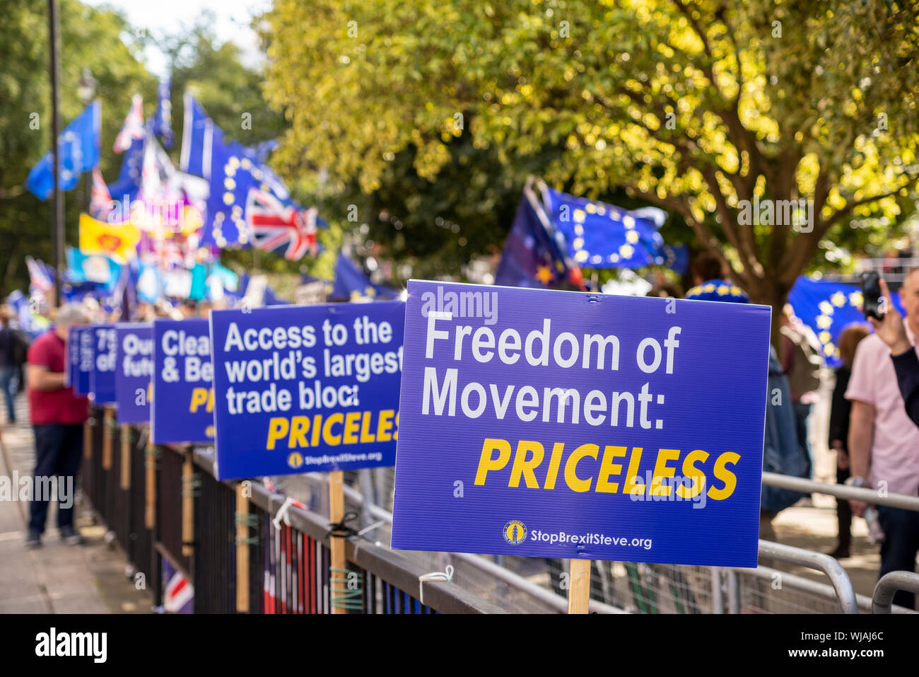 Come il Parlamento riprende dopo la pausa estiva i dimostranti si sono riuniti al di fuori, dimostrando contro il Primo Ministro Boris Johnson per la decisione di sospendere il Parlamento davanti al Brexit data del 31 ottobre. Molti credono che la prorogue consentirà il 'no deal' Brexit procedere incontrastato. Molti sono anche chiamando per un elezione generale, una estremità di austerità e per un secondo referendum su Brexit Foto Stock