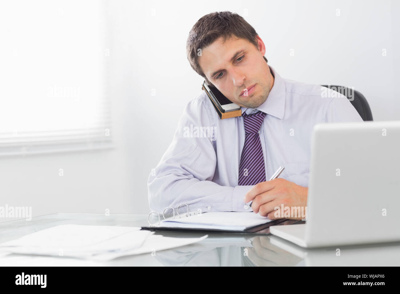 Imprenditore su chiamata mentre è in corso la scrittura in agenda a office Foto Stock