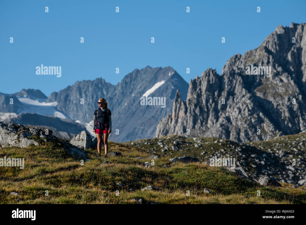 Una donna escursionista che cammina nel Parco Nazionale della Vanoise nella regione dell'Alvernia-Rhône-Alpes nel sud-est della Francia durante l'estate. Foto Stock