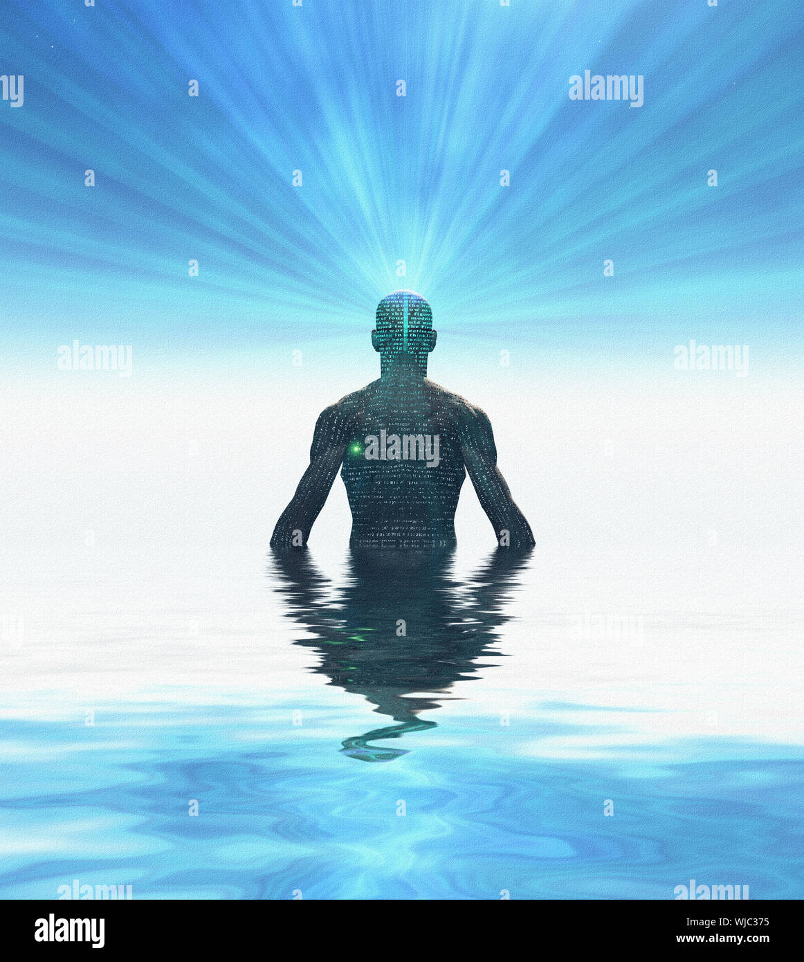 L'uomo irradia luce dalla mente. Il rendering 3D Foto Stock