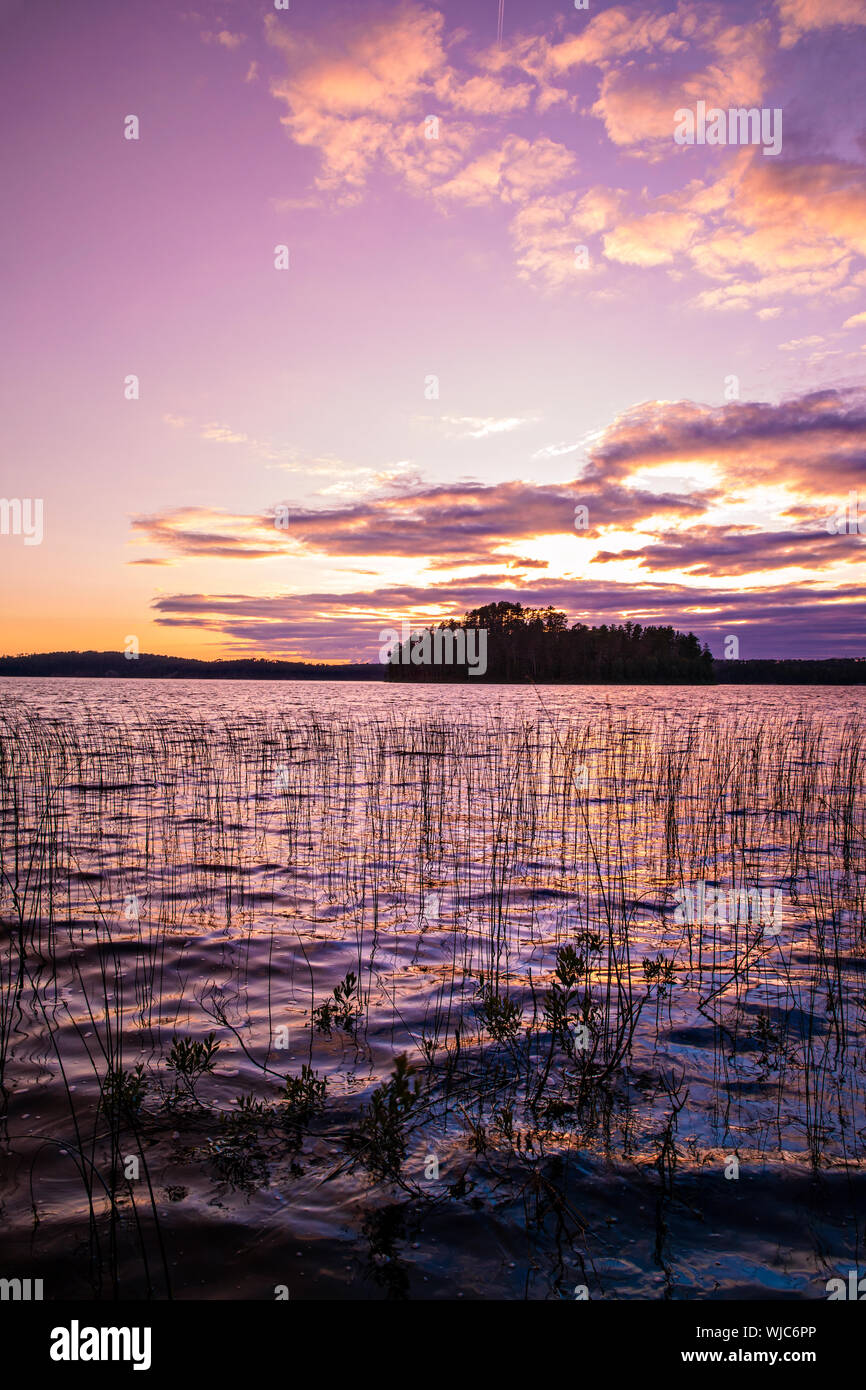 Bella vista al tramonto di un stagliano isola dalle sponde del lago francese a Chippewa campeggio in Quetico Provincial Park, Atikokan, Ontario, può Foto Stock