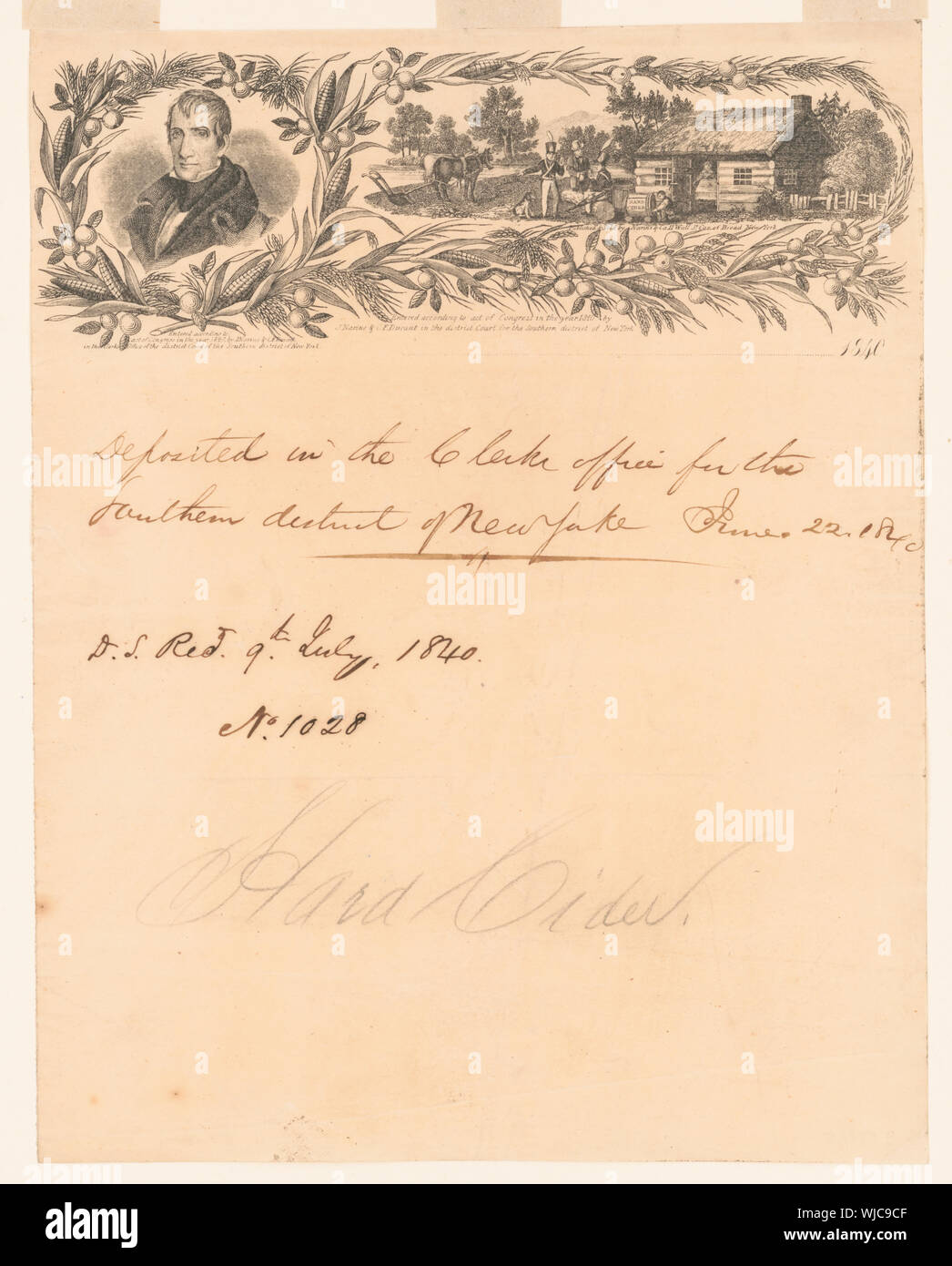 Lettera di Harrison foglio astratto: Un illustrato Whig lettera sulla campagna foglio. Sulla sinistra è un busto di vignette ritratto di William Henry Harrison incorniciato con intrecciano spighe di grano, steli di grano e frutta. Sulla destra, con lo stesso enframement, è una scena nel deserto con un Log Cabin. Al di fuori della cabina sono un cane, tre uomini conversando (due dei loro soldati), e un piccolo disegno di figura il sidro di mele da una canna etichettato Disco sidro vicino alla porta. Un aratro con due cavalli sorge nelle vicinanze. La porta della cabina è aperta, e una donna è visibile all'interno. Foto Stock