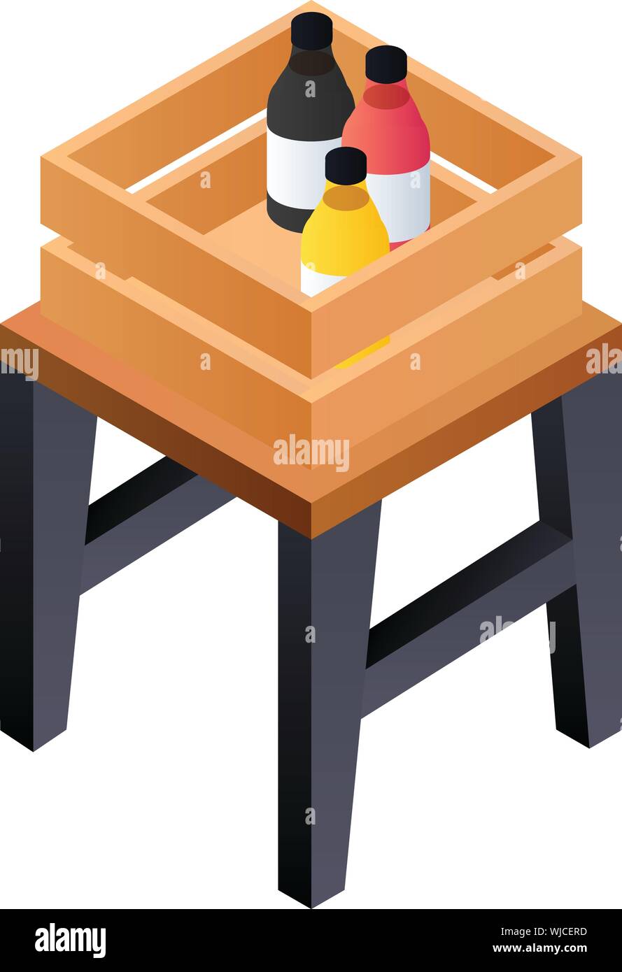Scatola di legno su una sedia e la relativa icona. Vista isometrica della scatola di legno sulla sedia icona vettoriali per il web design isolato su sfondo bianco Illustrazione Vettoriale