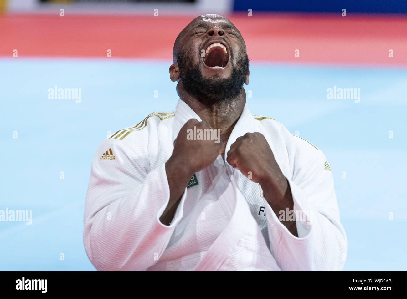 Tokyo, Giappone. Il 30 agosto, 2019. Jorge Fonseca del Portogallo festeggia dopo aver vinto contro Elmar Gasimov di Azerbaigian durante il match Semi-Final di uomini -100 kg categoria al mondo campionati di Judo Tokyo 2019 nel Nippon Budokan. Il mondo dei campionati di Judo Tokyo 2019 si terrà dal 25 agosto al 1 settembre. Fonseca ha vinto l'oro. Credito: Rodrigo Reyes Marin/ZUMA filo/Alamy Live News Foto Stock