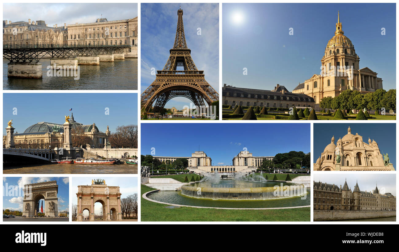 Immagine composita con monumenti di Parigi, capitale della Francia Foto Stock