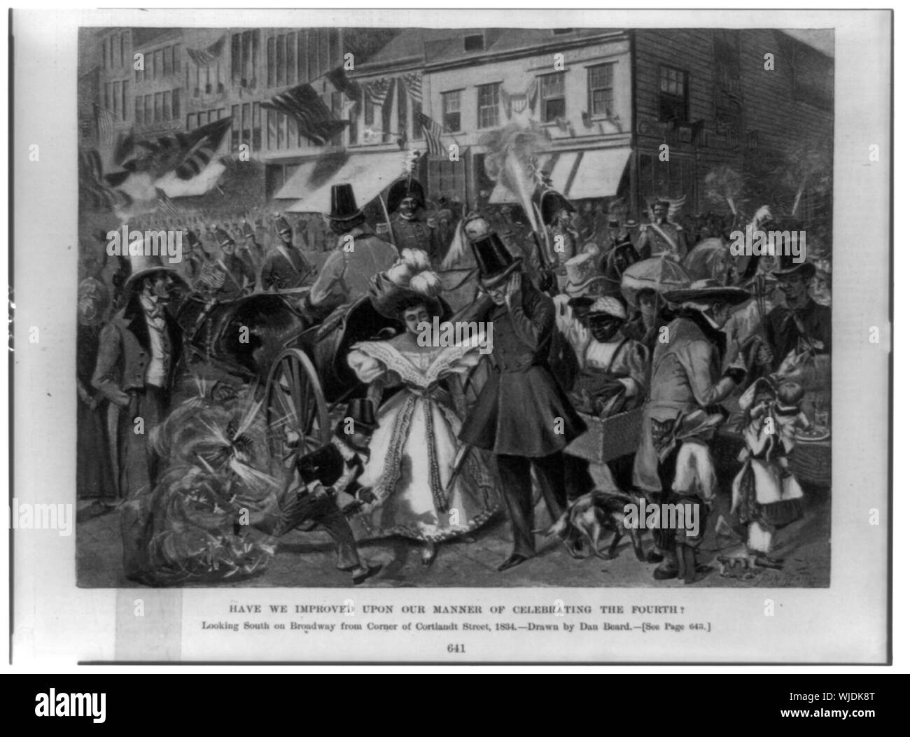 Abbiamo migliorato il nostro modo di celebrare il quarto? Guardando verso sud su Broadway da angolo di Cortlandt Street, 1834 / / disegnato da Dan barba. Foto Stock
