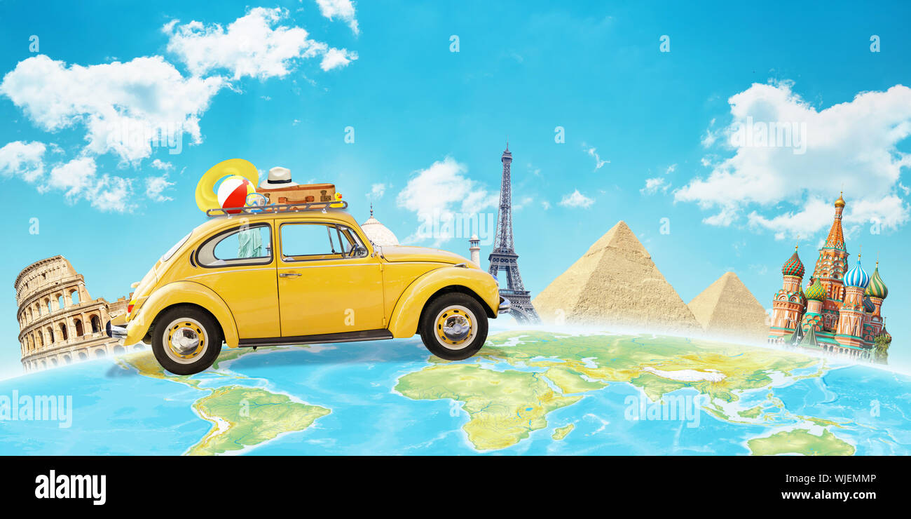 Giallo auto viaggiare in tutto il mondo. Concetto di viaggi e vacanze in tutto il mondo. Famosa in tutto il mondo gli edifici in background. Foto Stock Giallo auto viaggiare in tutto il mondo. Concetto di viaggi e vacanze in tutto il mondo. Famosa in tutto il mondo gli edifici in background. Foto Stock