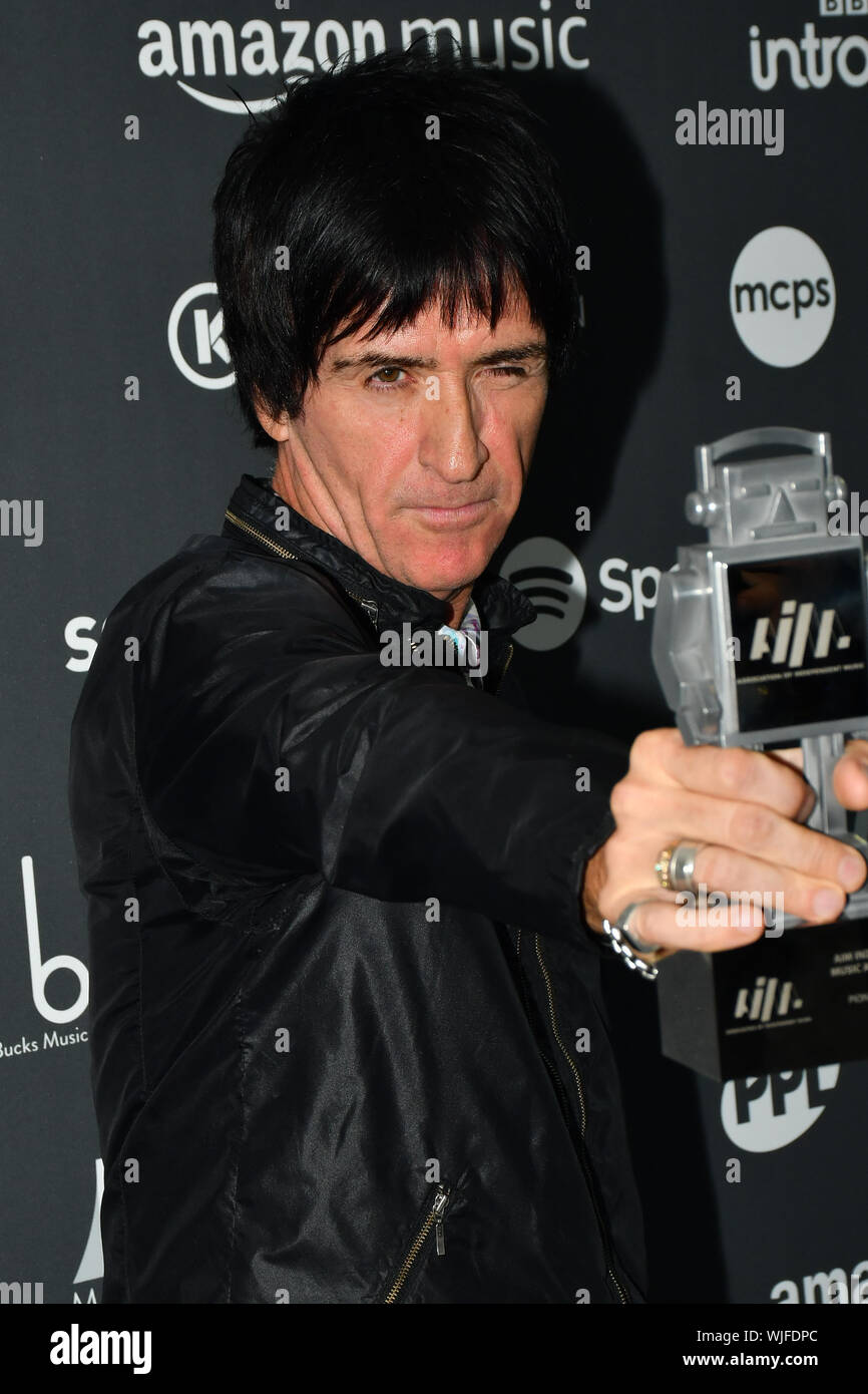 Londra, Regno Unito. 03Sep, 2019. Johnny Marr ricevere premi a scopo di musica indipendente premi al Roundhouse il 3 settembre 2019, Camden Town, Londra, Regno Unito. Credito: Picture Capital/Alamy Live News Foto Stock