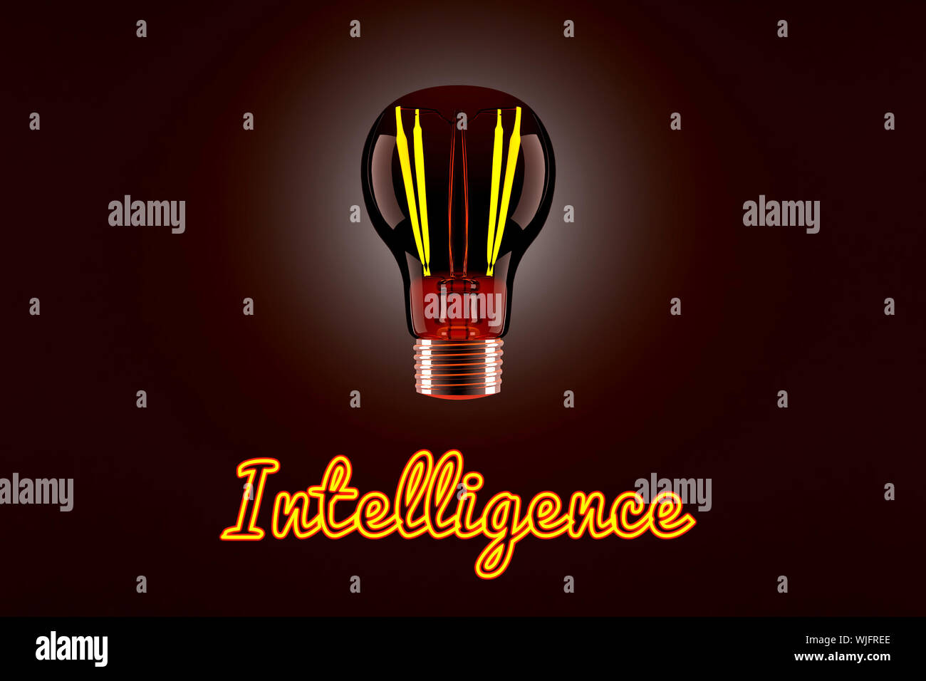 Conceptual 3D reso illustrazione di una luce splendente e lampadina al neon parola illuminata intelligenza. Foto Stock