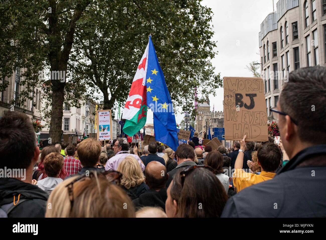 Cardiff Wales, Regno Unito, 3 settembre 2019. Persone protestano contro il governo del Regno Unito di primo ministro Boris Johnson all'Aneurin Bevan statua in Cardif Foto Stock