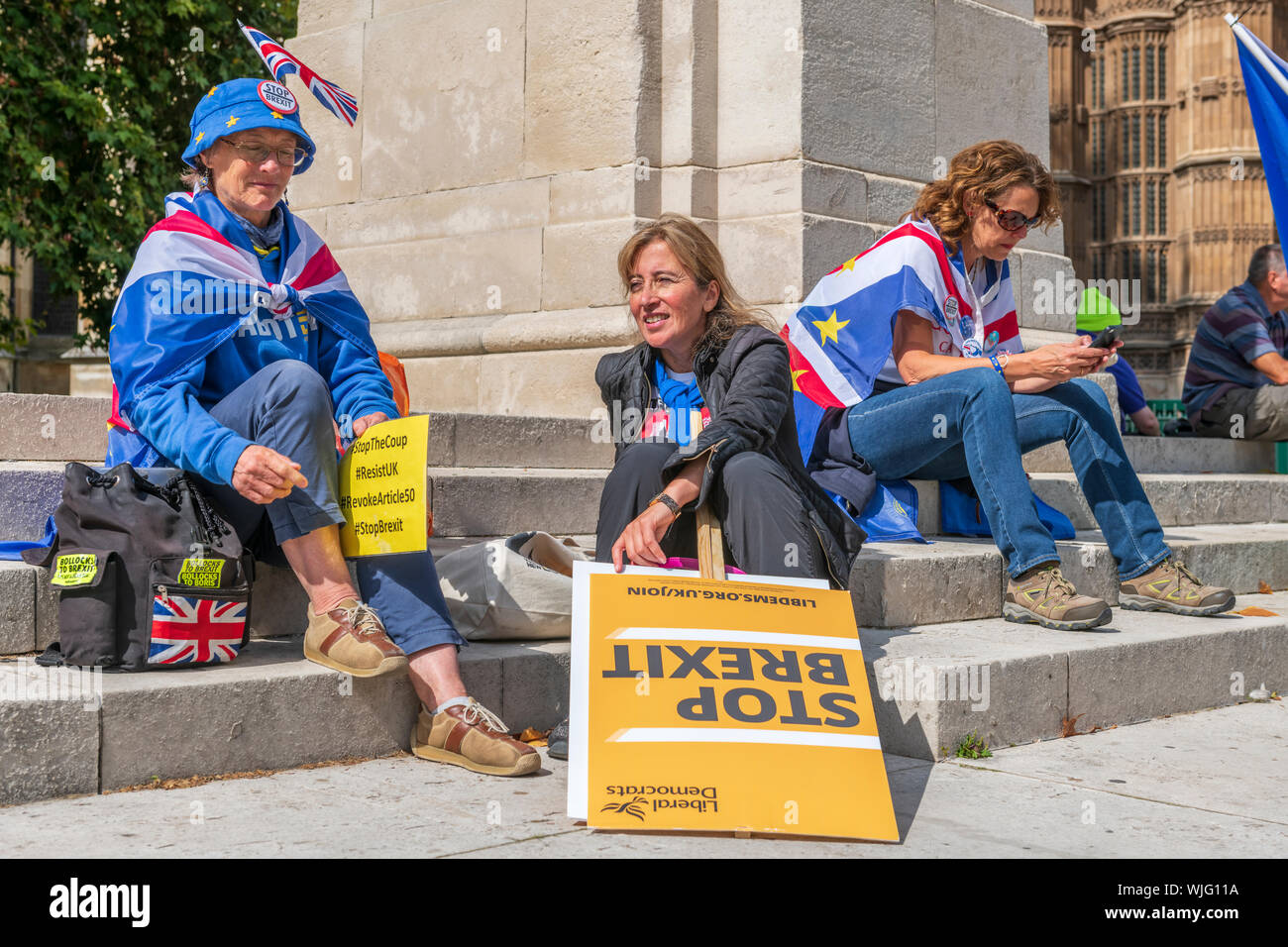 Westminster, Londra, Inghilterra. Il 3 settembre, 2019. Arresto di manifestanti Brexit prendete tempo per riposare sotto il sole come migliaia di manifestanti unirsi al rally al di fuori della sede del Parlamento. Terry Mathews/Alamy Live News Foto Stock