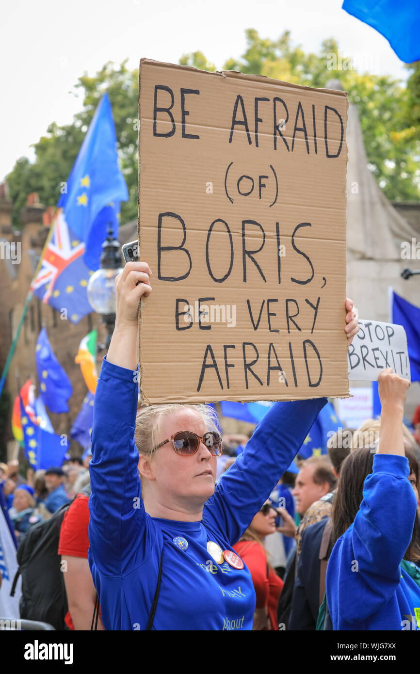 Westminster, Londra, 03 settembre 2019. Pro- e manifestanti Anti-Brexit rally intorno al parlamento e College Green in Westminster il giorno il Parlamento ritorna dal recesso. Foto Stock