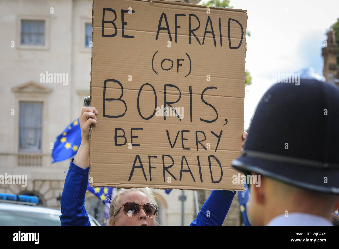 Westminster, Londra, 03 settembre 2019. Pro- e manifestanti Anti-Brexit rally intorno al parlamento e College Green in Westminster il giorno il Parlamento ritorna dal recesso. Foto Stock