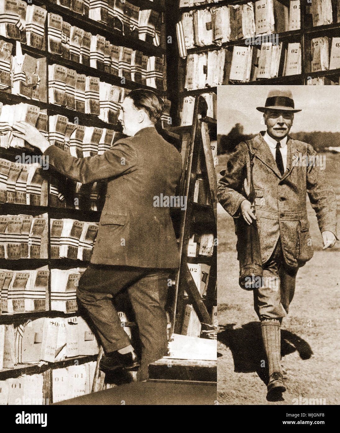 Sir Edward Richard Henry (inset ) responsabile per il Regno Unito di Scotland Yard libreria di impronte digitali e la libreria stessa nel 1912. (1850 - 1931). Egli era il commissario di polizia del Metropolis (London Metropolitan Police) fingerprinting 1903 a 1918. Foto Stock
