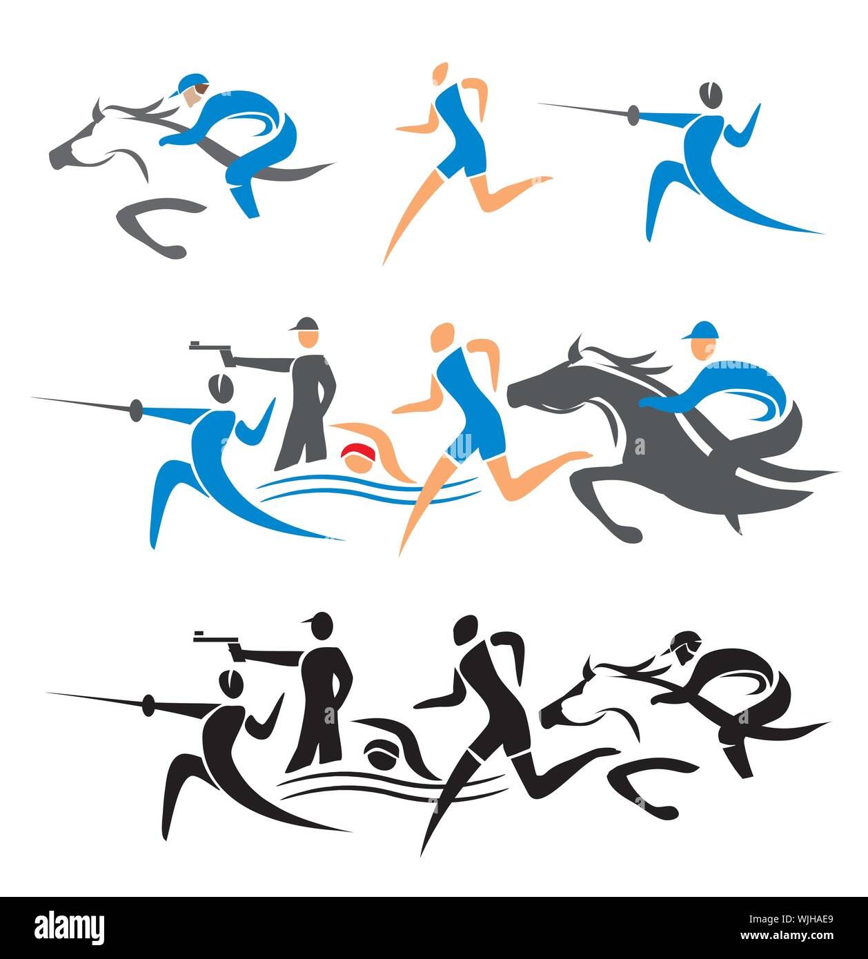 Pentathlon moderno icone. Set di colorati simboli sport. Isolato su sfondo bianco. Vettore disponibile. Illustrazione Vettoriale