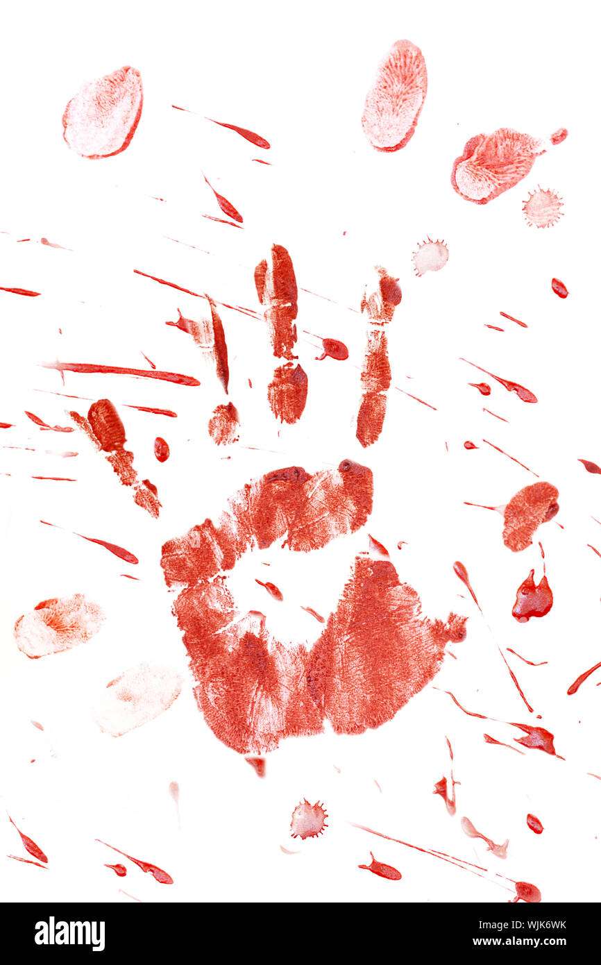 Spruzzi di sangue e le impronte digitali isolate su uno sfondo bianco. Foto Stock