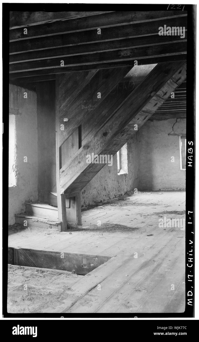 Storici edifici americano sondaggio T. T. Waterman, fotografo 1934 STAIR DETTAGLIO - Adelphi Mill, Adelphi Mill centro ricreativo, State Route 212, Langley Park, Prince George County, MD Foto Stock