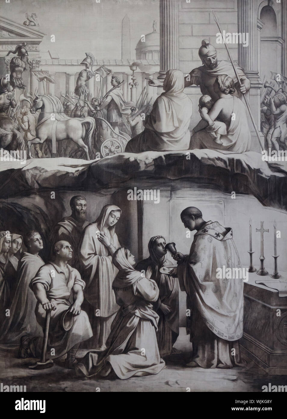Primi cristiani nelle catacombe raffigurato in cartone per il murales per il Panthéon a Parigi dal francese pittore accademico Paul Chenavard (1850) sul display al Museo di Belle Arti (Musée des Beaux-Arts de Lyon) a Lione, Francia. Foto Stock