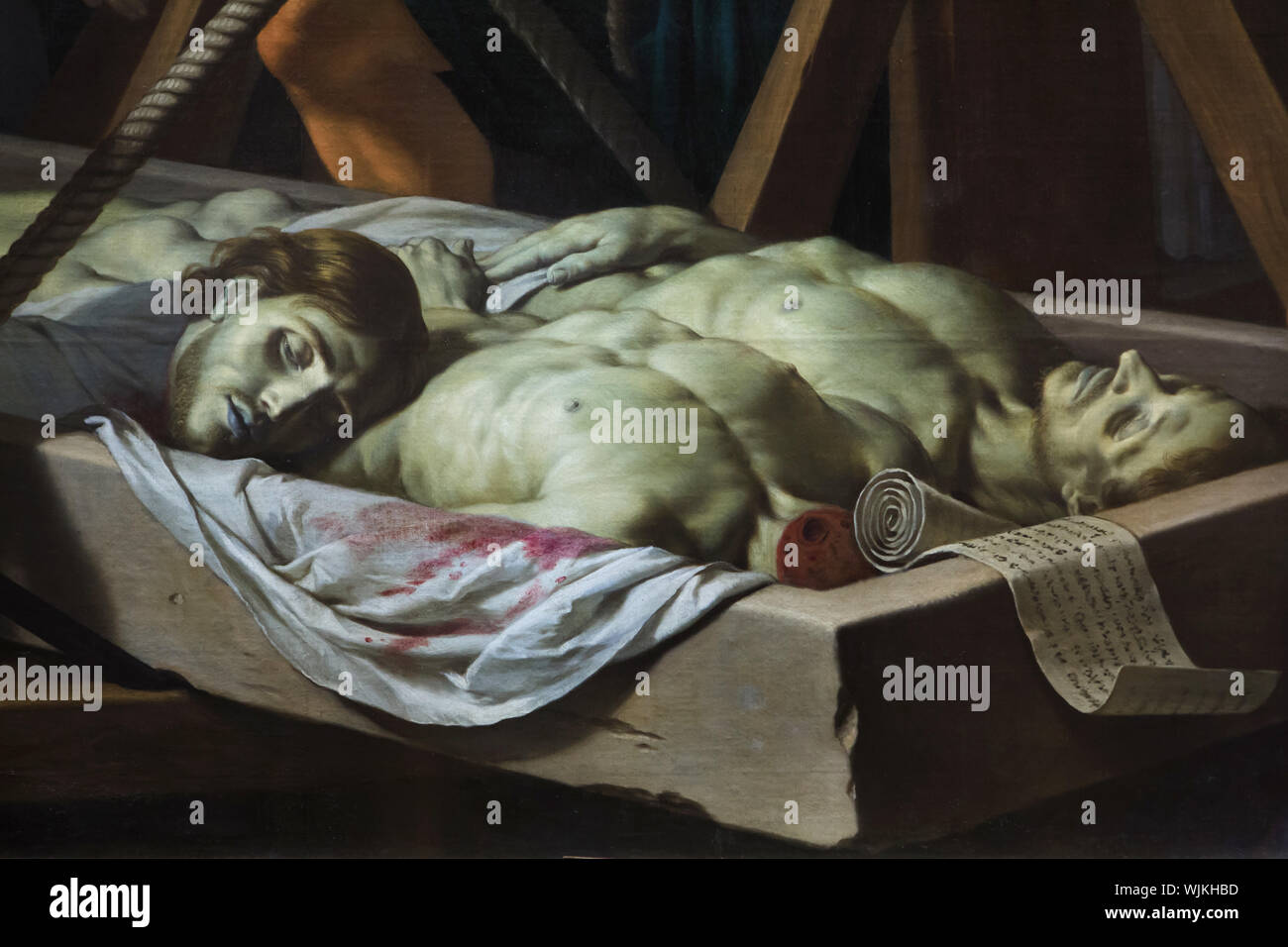 Dettaglio della pittura 'scoperta delle reliquie dei santi Gervasio e Protasio' dal pittore barocco francese Philippe de Champaigne (1657) sul display al Museo di Belle Arti (Musée des Beaux-Arts de Lyon) a Lione, Francia. Foto Stock