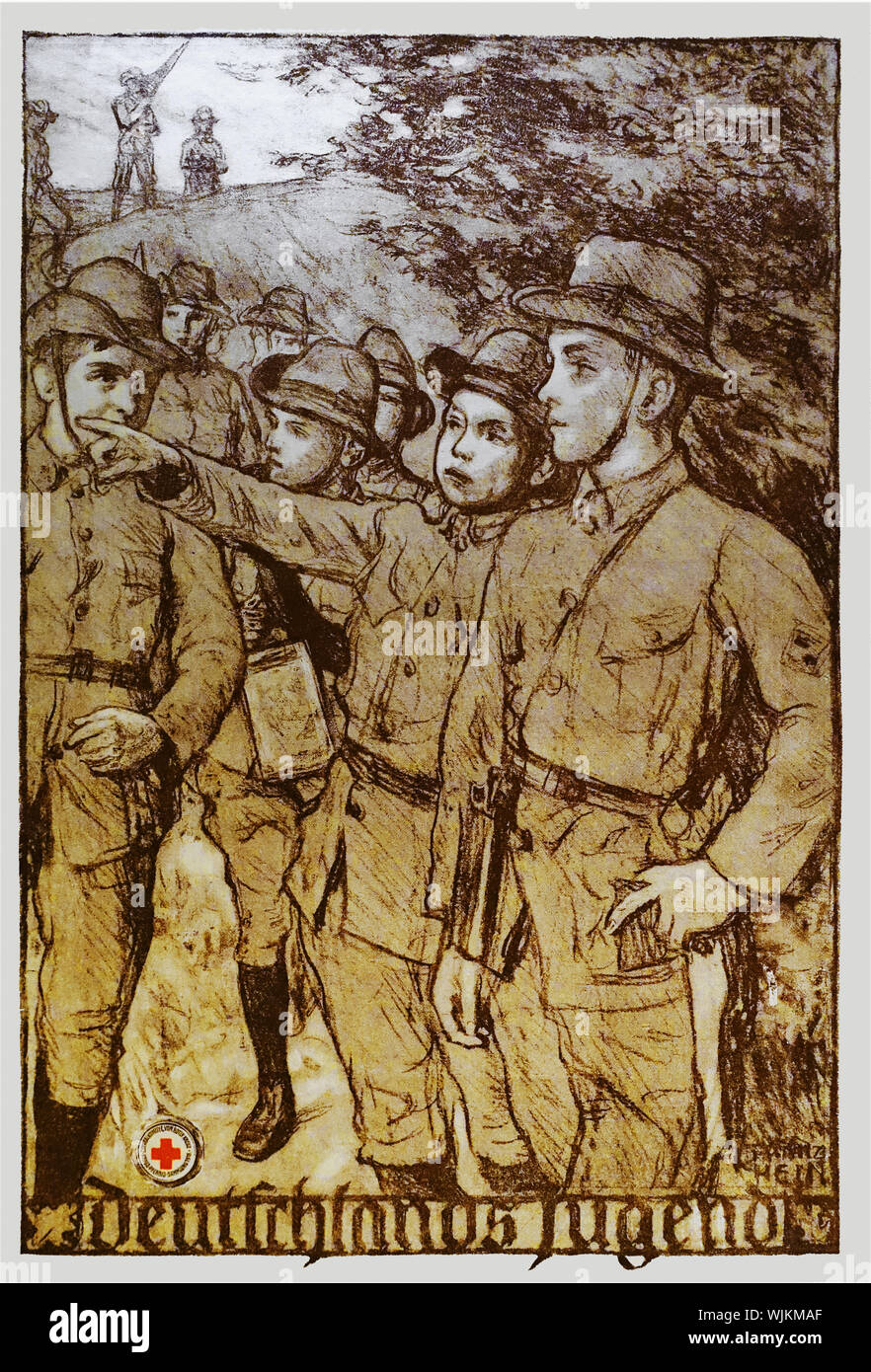 Una propaganda tedesca poster che illustrano Gioventù Hitleriana, l organizzazione giovanile del partito nazista in Germania. Le sue origini risalgono al 1922 e ha ricevuto il nome Hitler-Jugend, Bund deutscher Arbeiterjugend ("Gioventù Hitleriana, Campionato del lavoratore tedesco gioventù") nel luglio 1926. Dal 1933 fino al 1945, era l'unico ufficiale di organizzazione giovanile in Germania ed è stata parzialmente una organizzazione paramilitare; esso è stato composto della Gioventù Hitleriana corretto per i giovani di sesso maschile di età compresa tra 14 a 18. Foto Stock