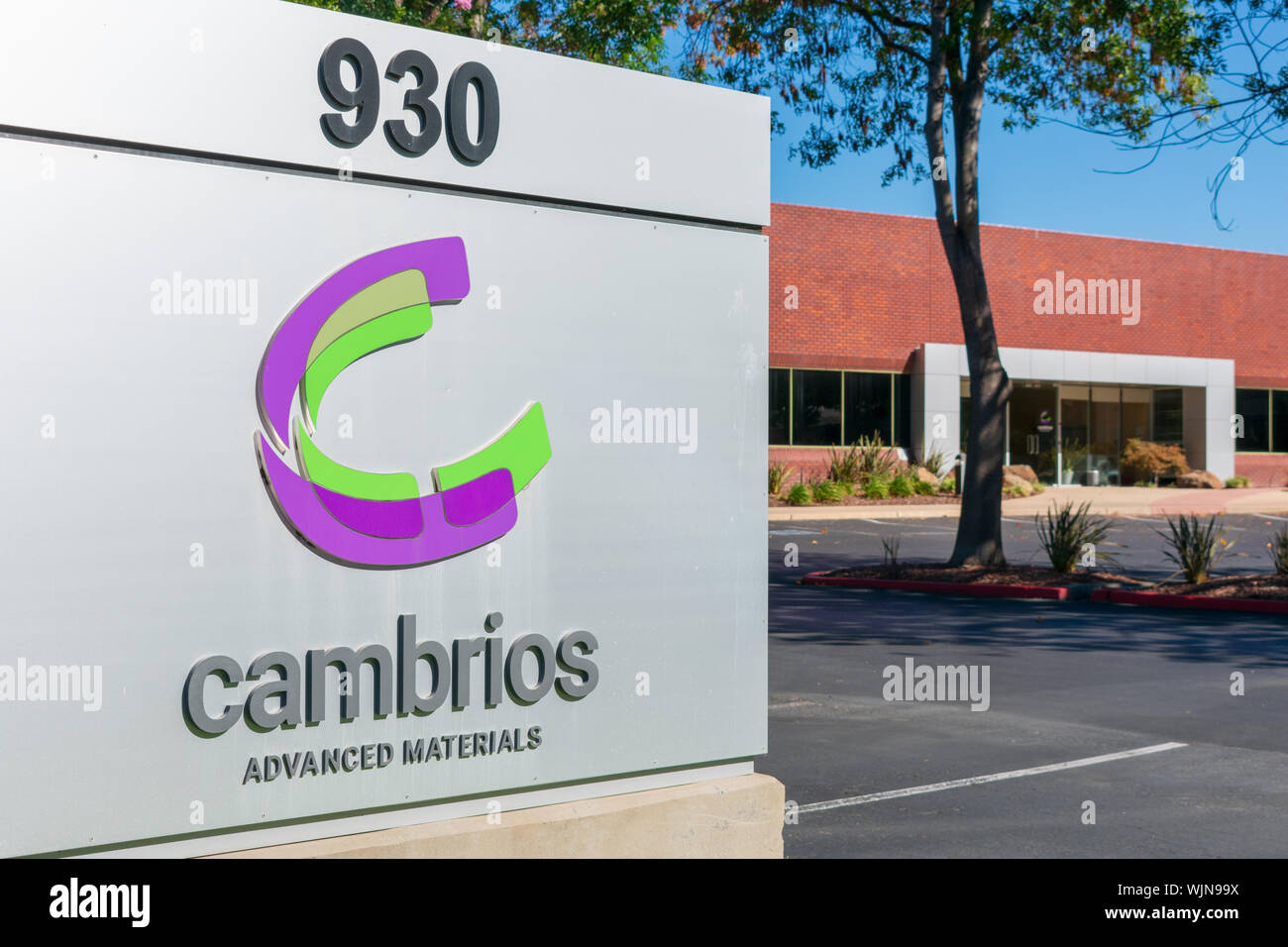 Cambrios Materiali Avanzati firmare presso la sede centrale della società nella Silicon Valley, high-tech mozzo del San Francisco Bay Area Foto Stock