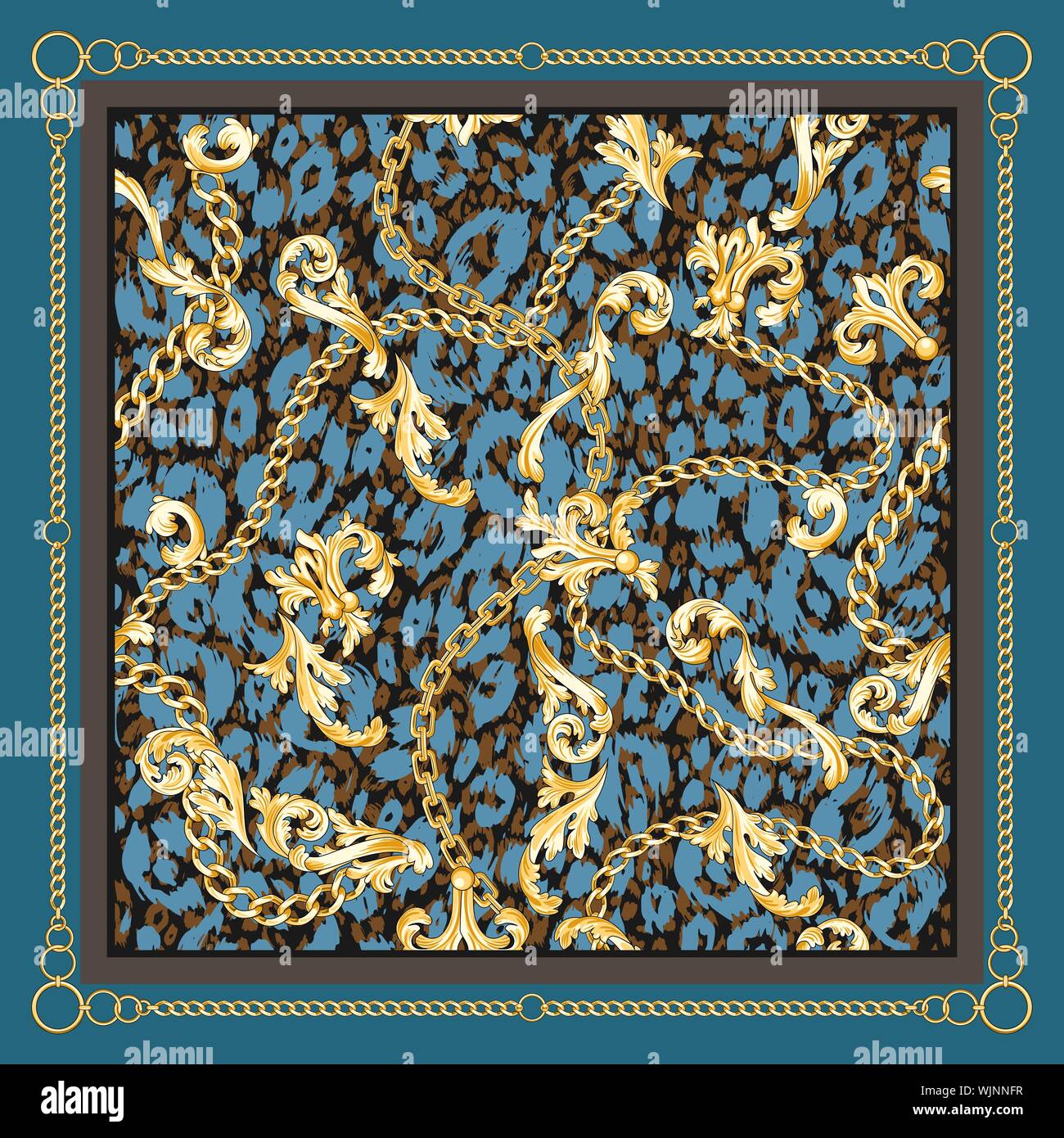 Blu modello trendy carf con oro fioriture barocche e le catene su leopard sfondo. Square Stampa di moda. In stile retrò. Illustrazione Vettoriale