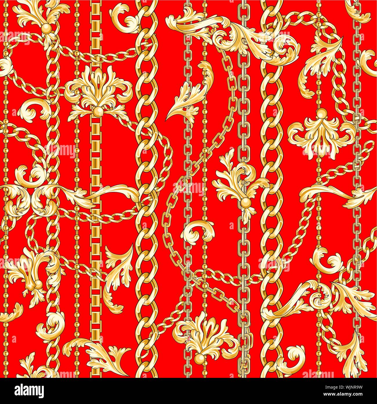 Golden fiorisce e catene mescolati sul rosso luminoso sullo sfondo. Trendy retrò pattern senza giunture. Illustrazione Vettoriale