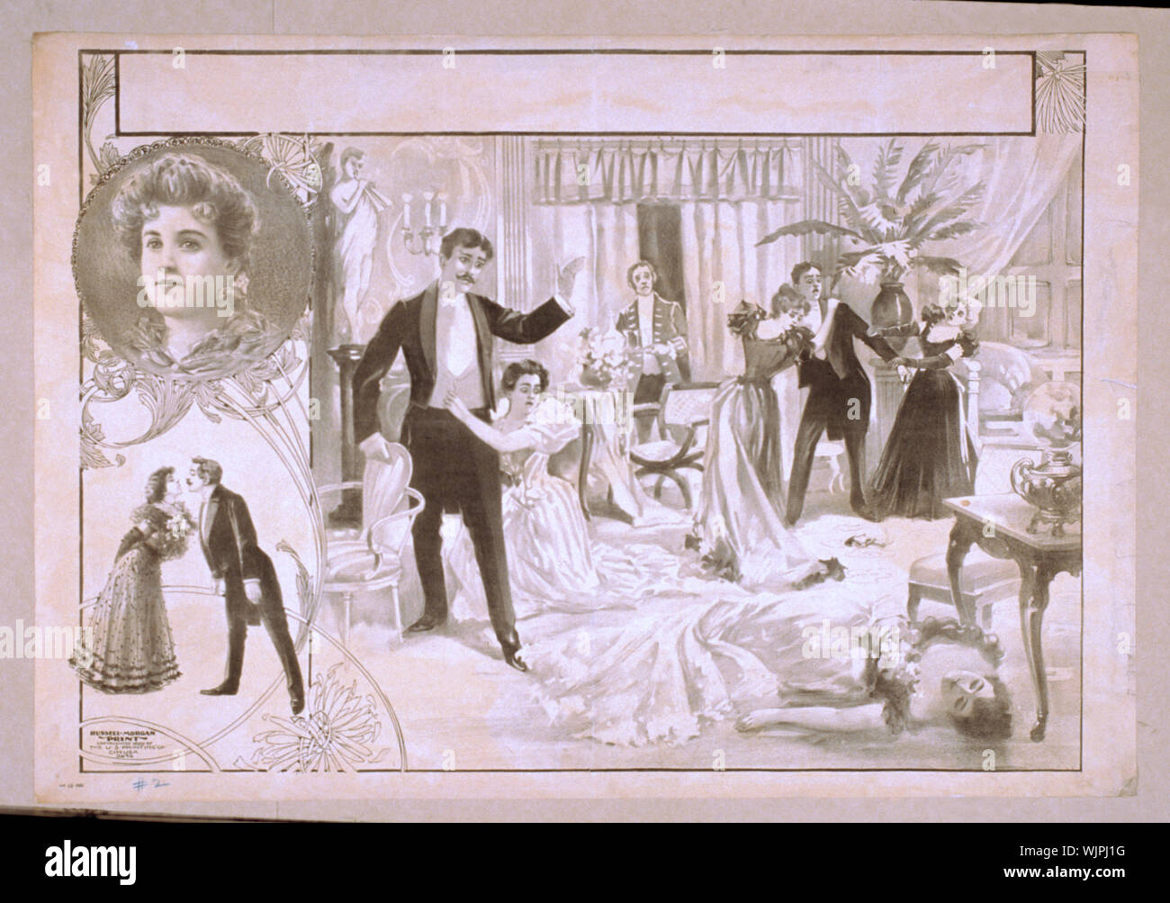 Inorridito gli spettatori in abito formale vista donna morta e la pistola fumante sul pavimento; vignette di giovane e in verticale sul lato sinistro Foto Stock