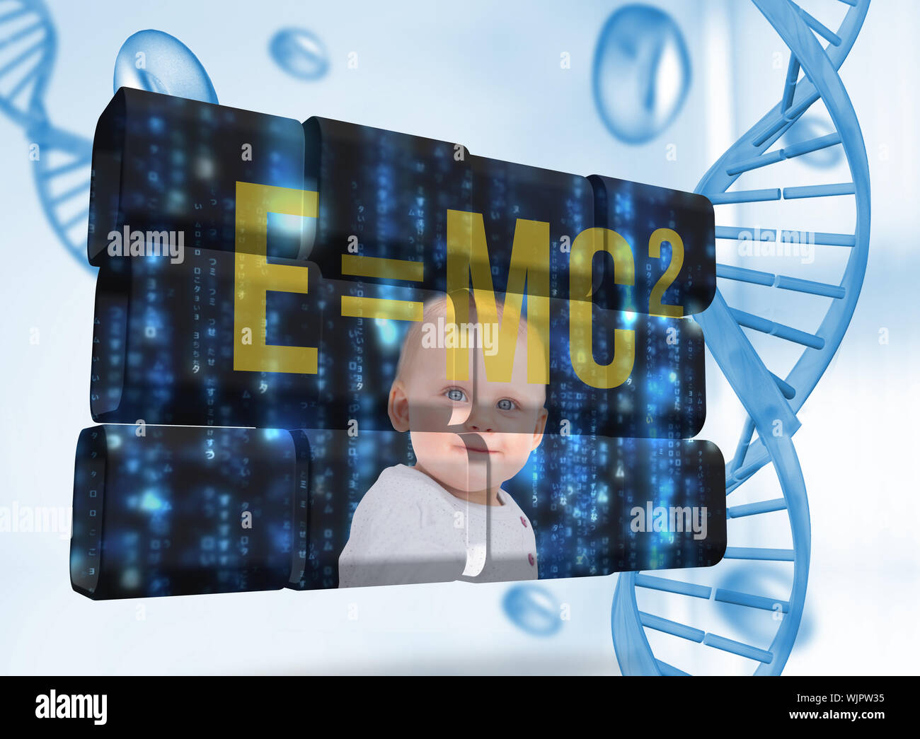 Baby genius su schermo astratta contro i cromosomi blu su sfondo blu Foto Stock