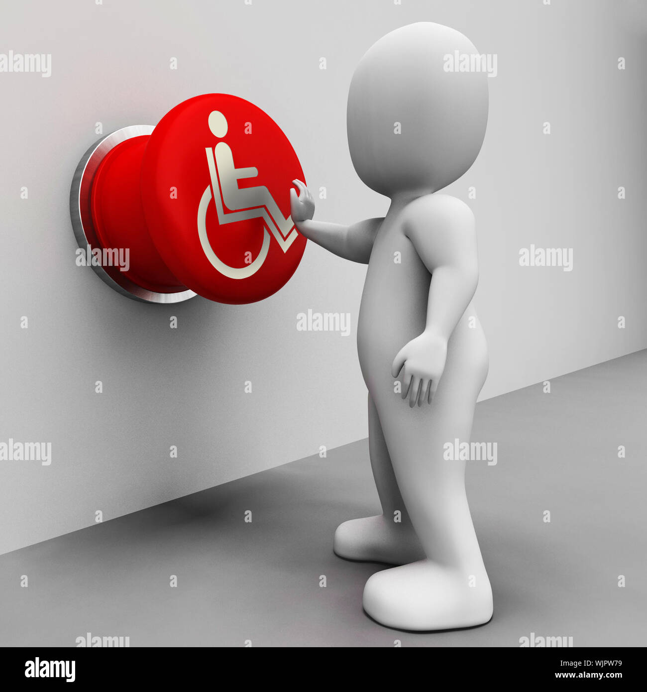 Sedia a rotelle che mostra il pulsante handicap fisico e l'immobilità Foto Stock
