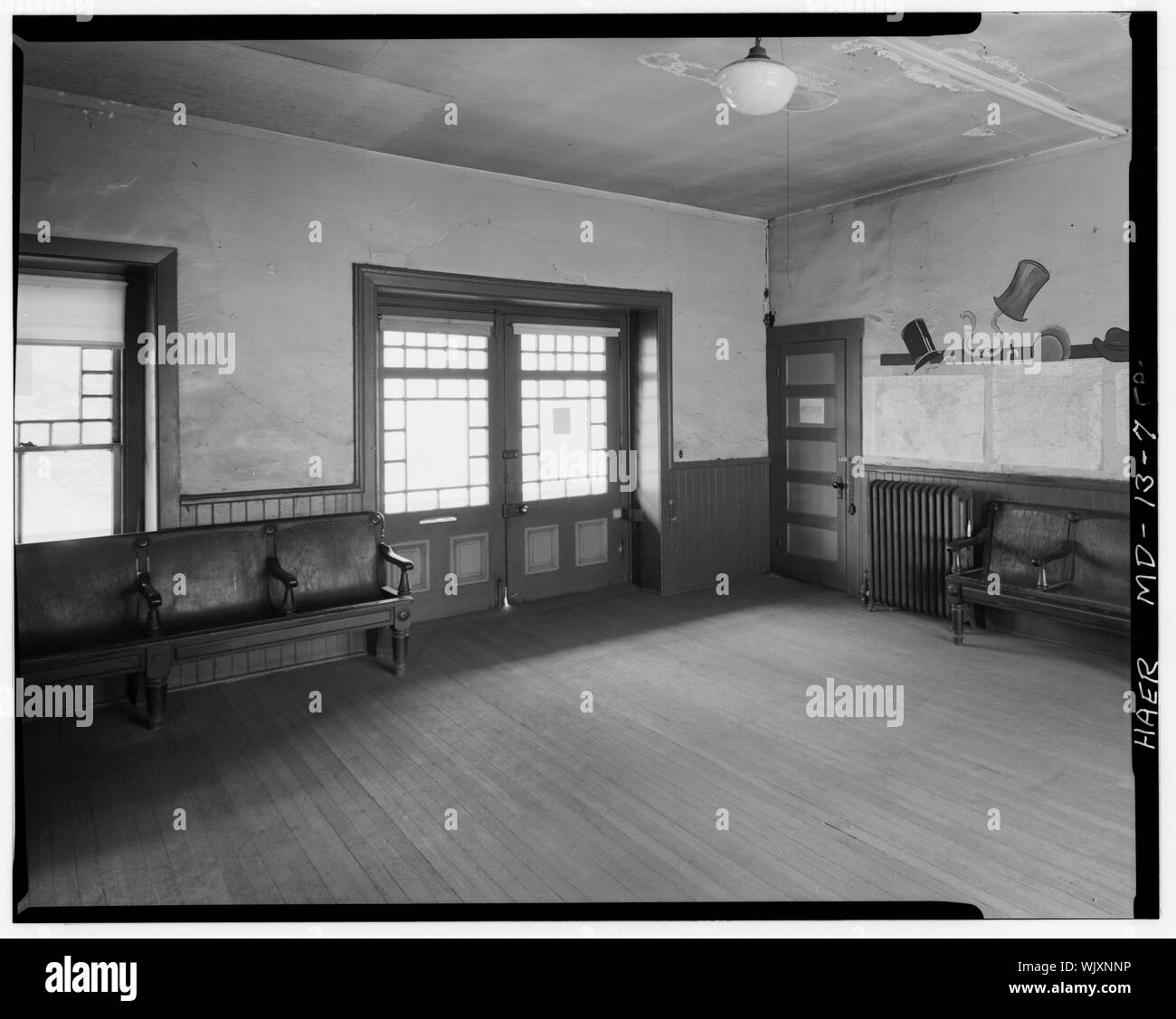 Passeggero interni sala attesa - Baltimore e Ohio Railroad, Ellicott mulini della Stazione, lato sud della Strada Statale Route 144, Ellicott City, Howard County, MD Foto Stock