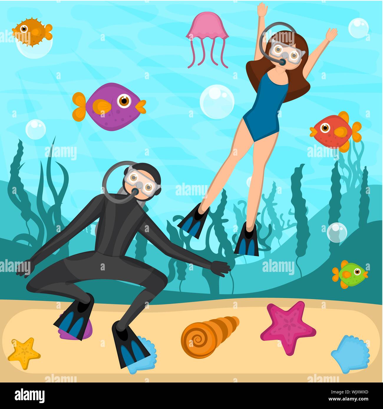 I subacquei nel fondo del mare - Vettore Illustrazione Vettoriale