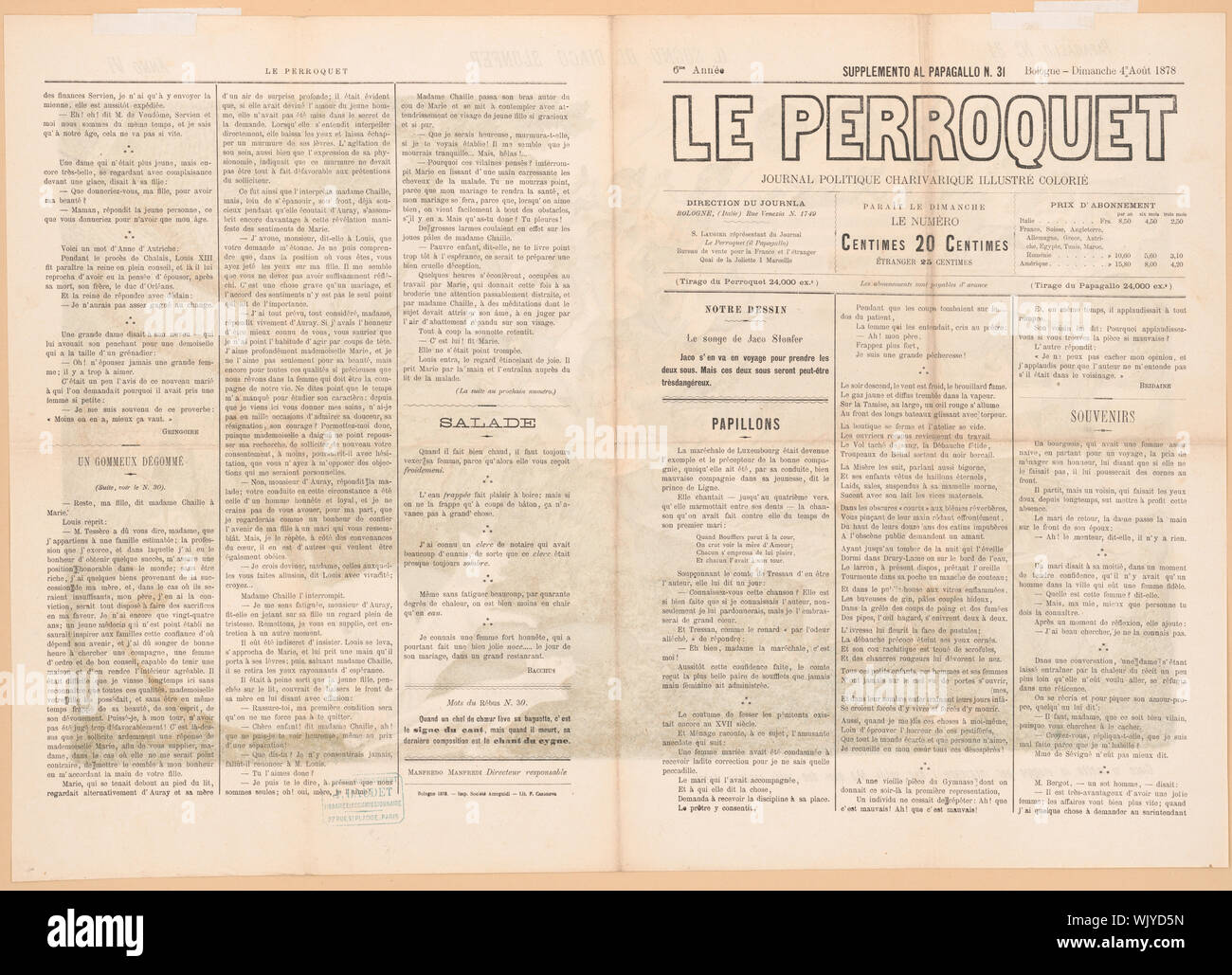 Il sogno di Giacò Slonfer Abstract: Italiano cartoon politico mostra un soldato austriaco addormentato sotto un albero in basso a destra, egli è in possesso di due gatti etichettato Trieste e Tirolo da loro code; un grande serpente Prussia marcato è avvolto a spirale attorno all'albero e ha un palloncino denominata Protezione nella sua bocca. Il soldato austriaco sembra essere un sogno, illustrato da sinistra al centro come molti soldati austriaci con spade perseguire due monete etichettato 5 centesimi Bosgnia e 5 centesimi Erzegovina; incontrando le monete si rivela fatale per i soldati che tutti finiscono per impalato, eventualmente sulle proprie spade. Al Foto Stock