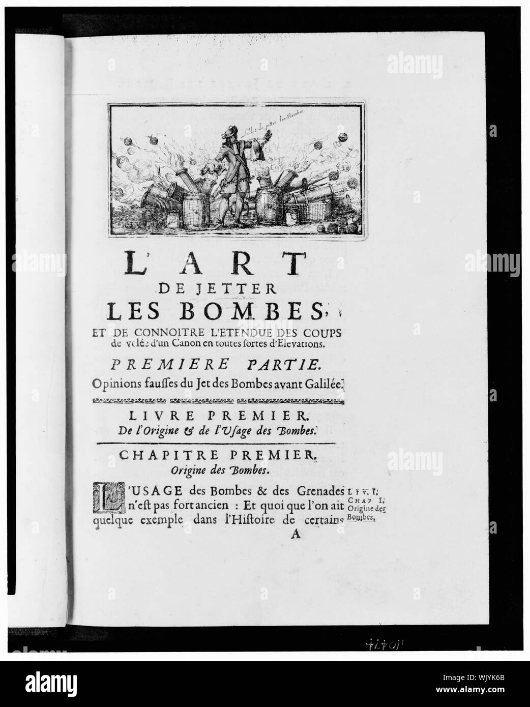 Illustrazione per capitolo uno di L'art de jetter les bombes mostra un uomo in piedi in mezzo alle riprese di artiglieria le palle di cannone Foto Stock