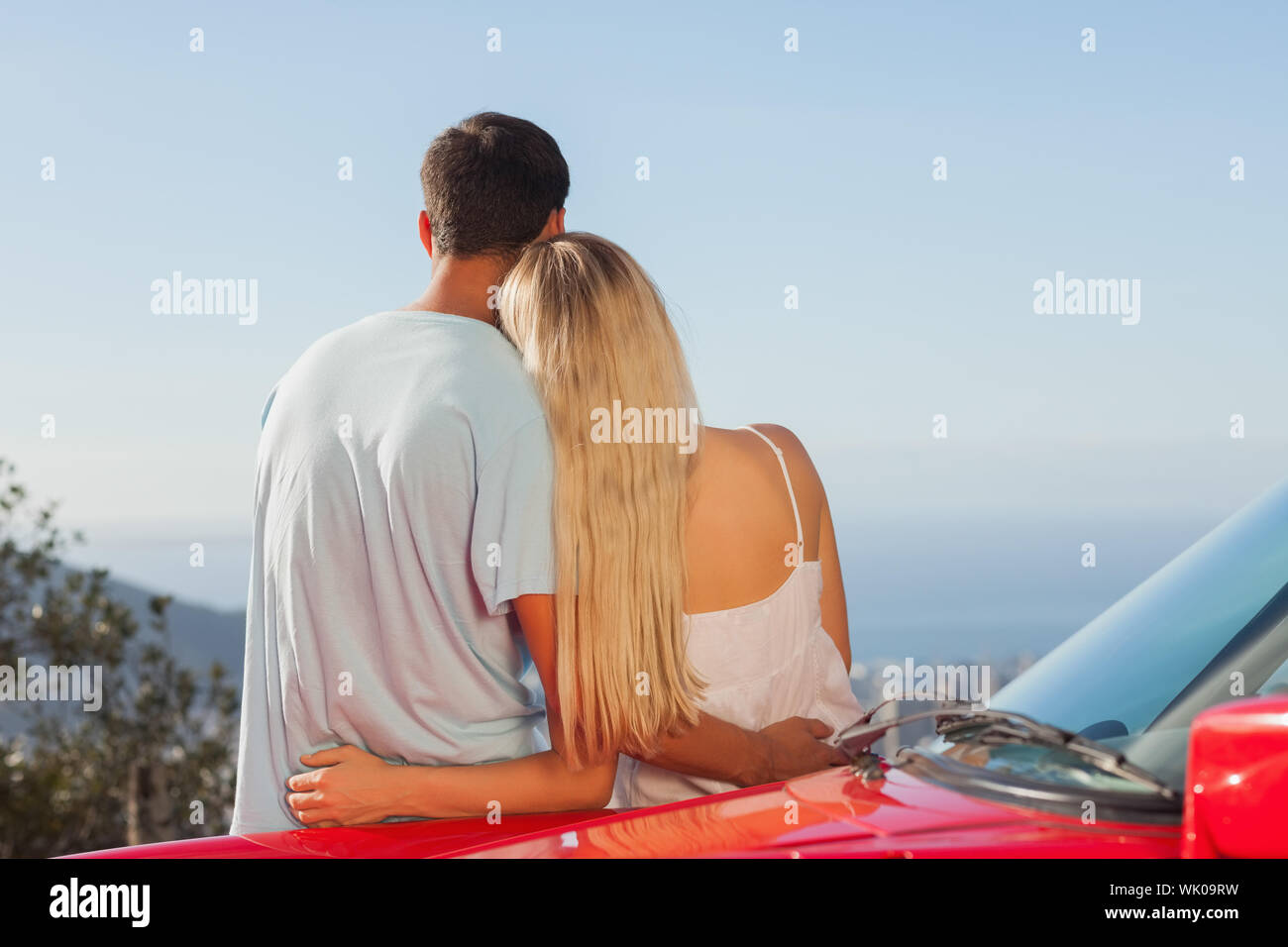Vista posteriore di carino coppia abbracciando e ammirando il panorama Foto Stock