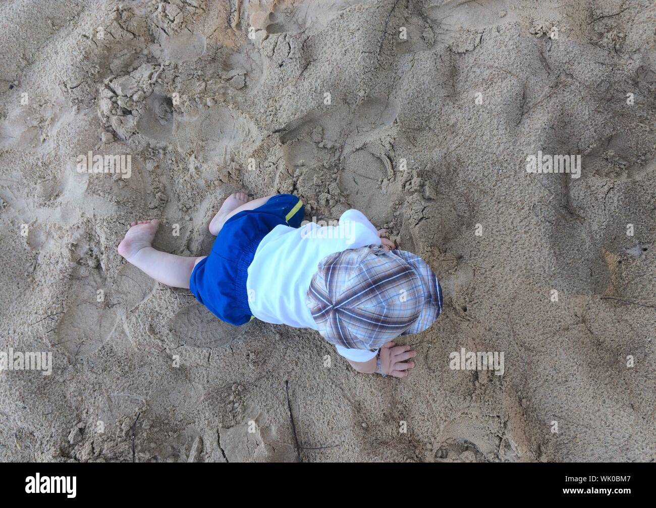 Direttamente sopra vista di baby boy strisciando sulla sabbia in spiaggia Foto Stock